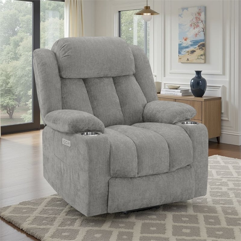 Benjara Limi Power Lift Recliner Chair- Light Gray- USB Port- Cupholders