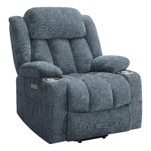 Benjara Limi Power Lift Recliner Chair- Slate Blue- USB Port- Cupholders