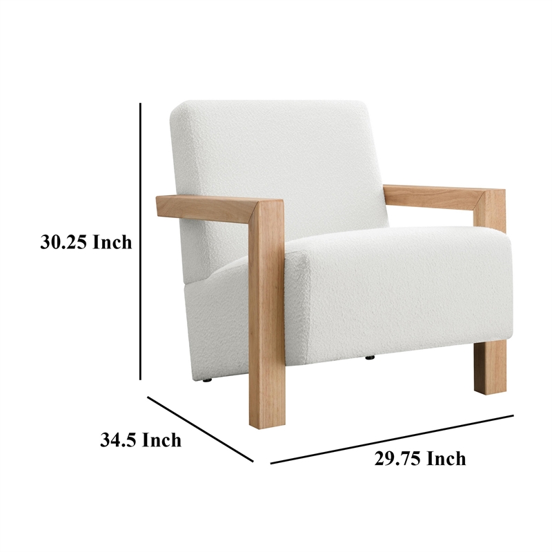 Benjara Fitz Accent Chair- Soft Ivory Boucle Cushions- Natural Brown Wood