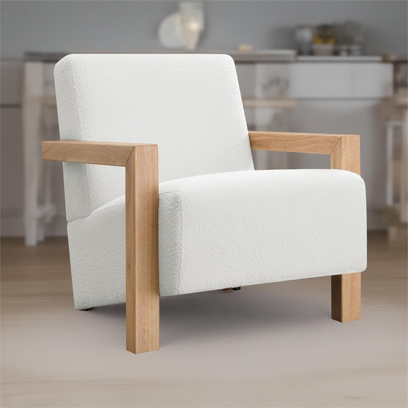 Benjara Fitz Accent Chair- Soft Ivory Boucle Cushions- Natural Brown Wood