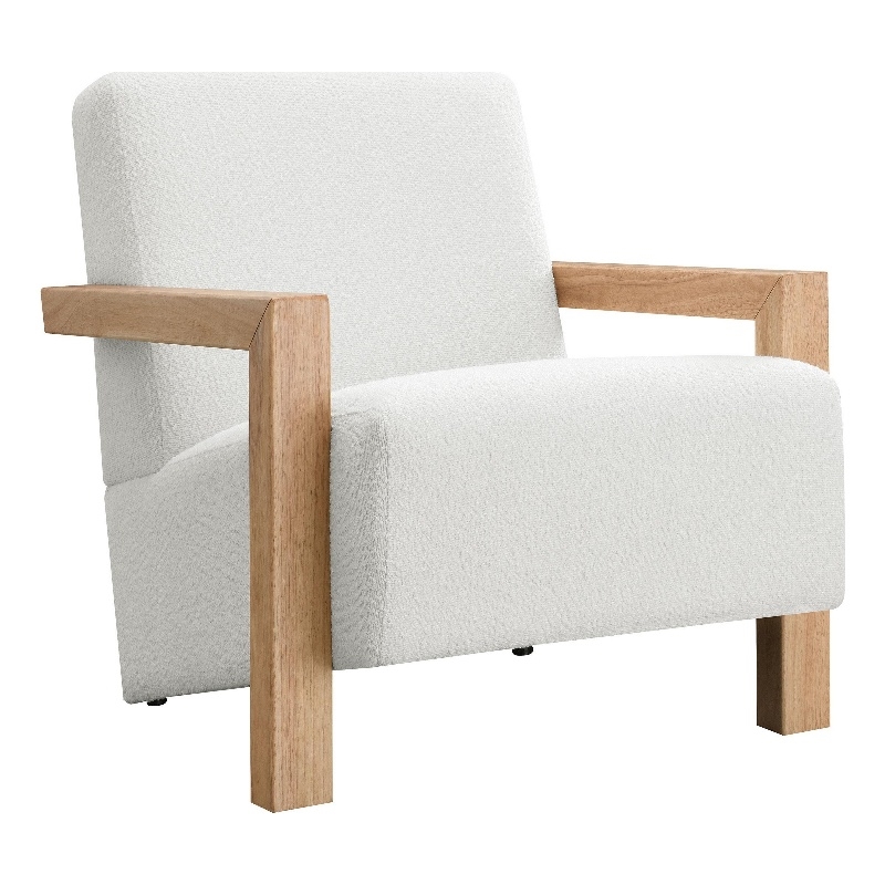 Benjara Fitz Accent Chair- Soft Ivory Boucle Cushions- Natural Brown Wood