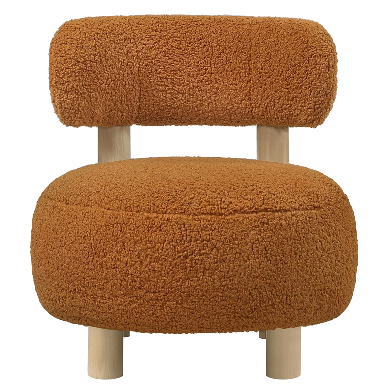 Benjara Zona Accent Chair- Barrel Back- Orange Boucle Fabric and Brown Wood