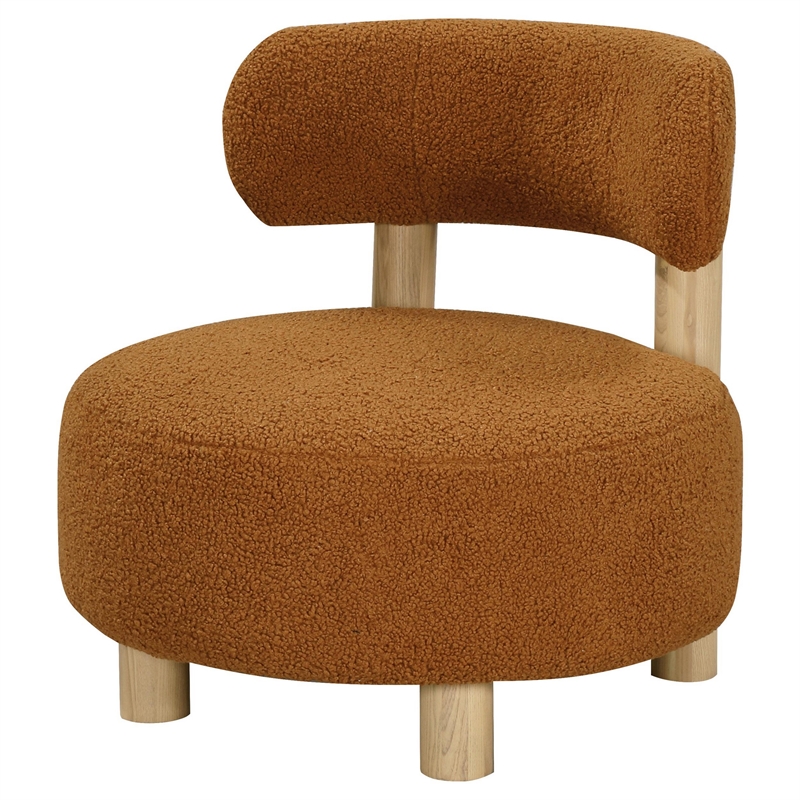 Benjara Zona Accent Chair- Barrel Back- Orange Boucle Fabric and Brown Wood