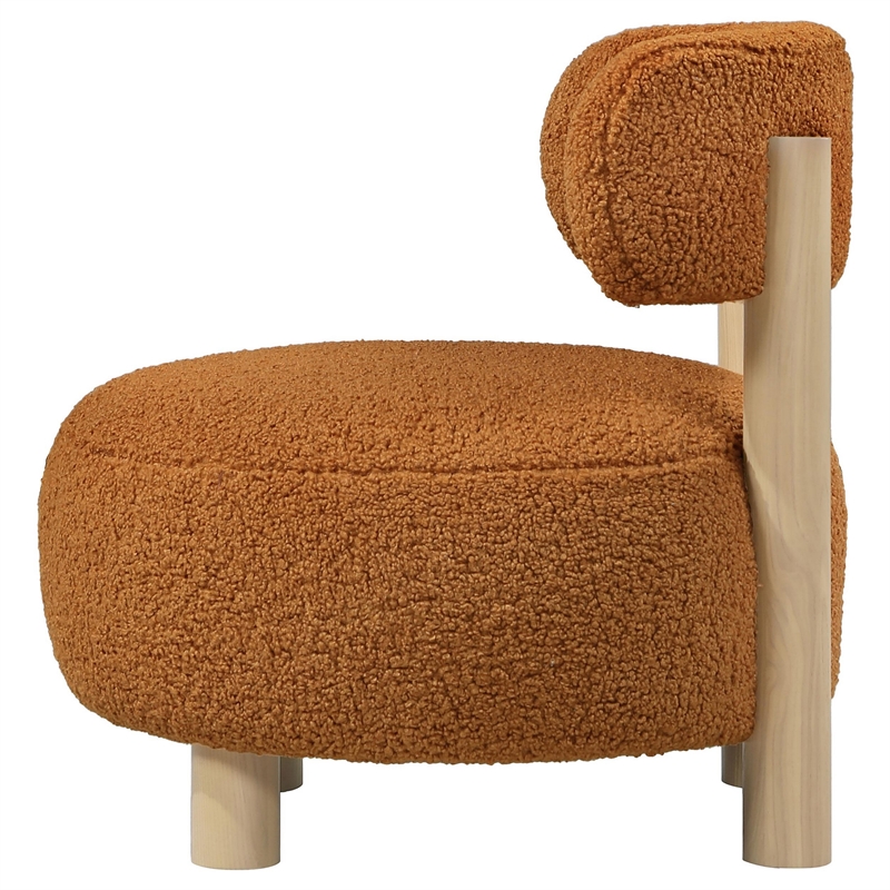 Benjara Zona Accent Chair- Barrel Back- Orange Boucle Fabric and Brown Wood