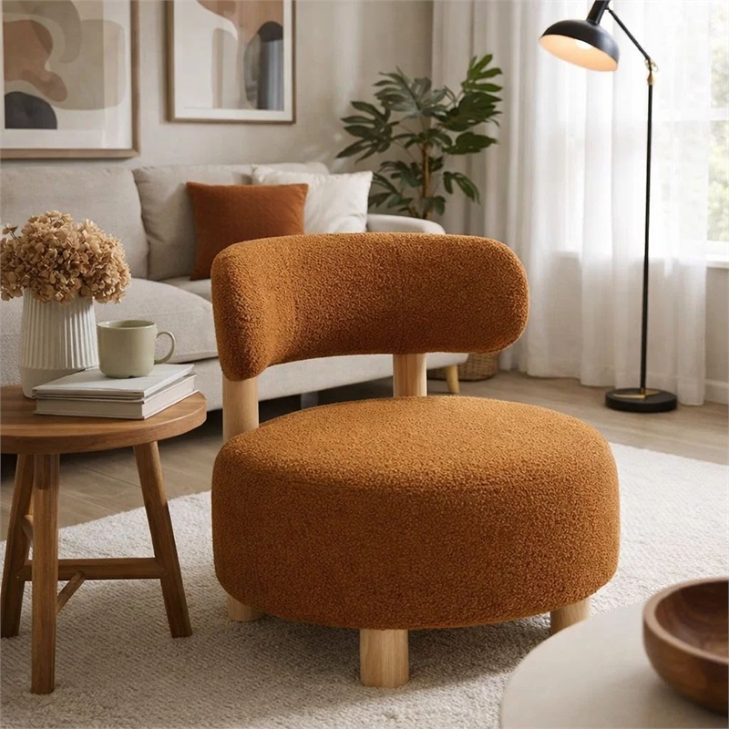 Benjara Zona Accent Chair- Barrel Back- Orange Boucle Fabric and Brown Wood