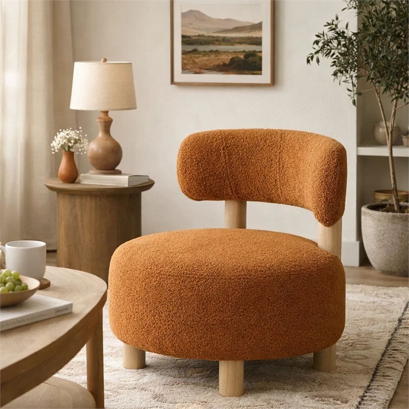 Benjara Zona Accent Chair- Barrel Back- Orange Boucle Fabric and Brown Wood