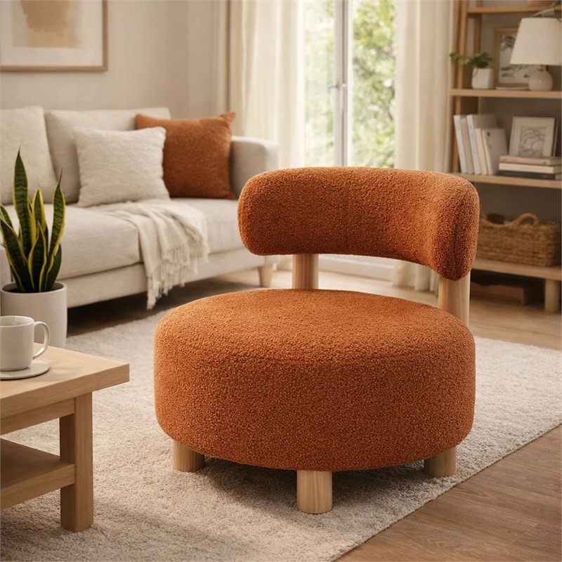 Benjara Zona Accent Chair- Barrel Back- Orange Boucle Fabric and Brown Wood