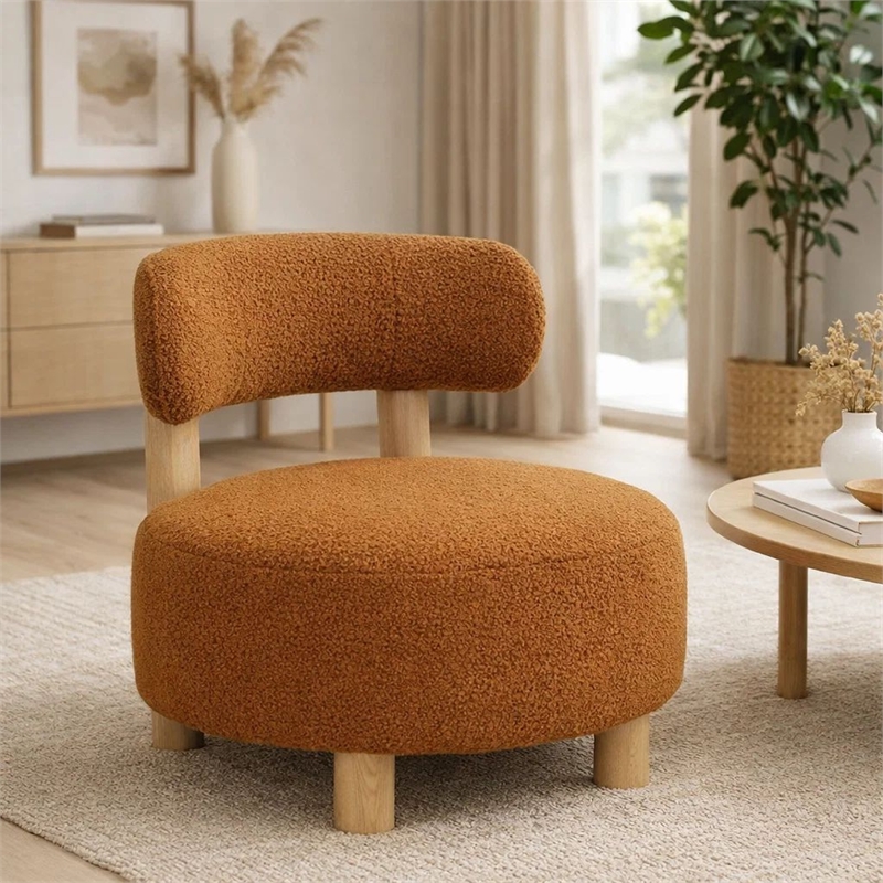 Benjara Zona Accent Chair- Barrel Back- Orange Boucle Fabric and Brown Wood