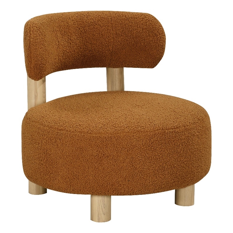 Benjara Zona Accent Chair- Barrel Back- Orange Boucle Fabric and Brown Wood