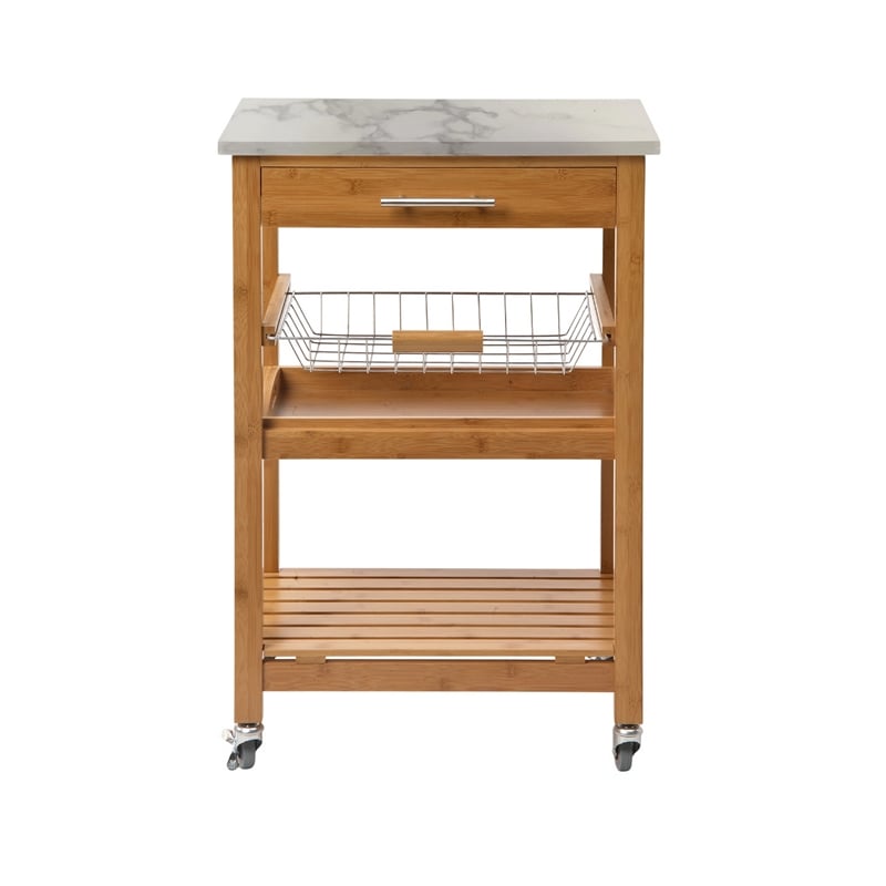 Benjara Jude Rolling Kitchen Bar Cart- 2 Shelves- Faux Marble- Brown Bamboo