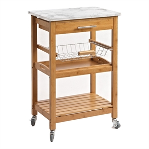 Benjara Jude Rolling Kitchen Bar Cart- 2 Shelves- Faux Marble- Brown Bamboo