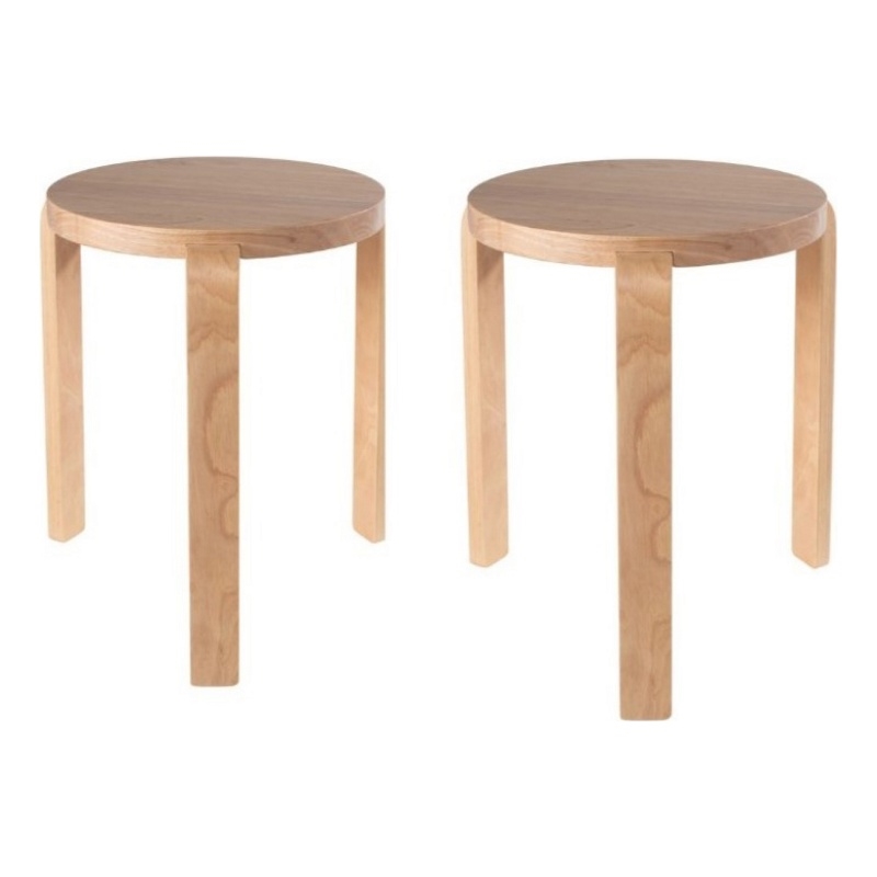 Benjara Mata Stacking Stool Ottoman (Set of 2)- Modern Blonde Oak Brown Wood
