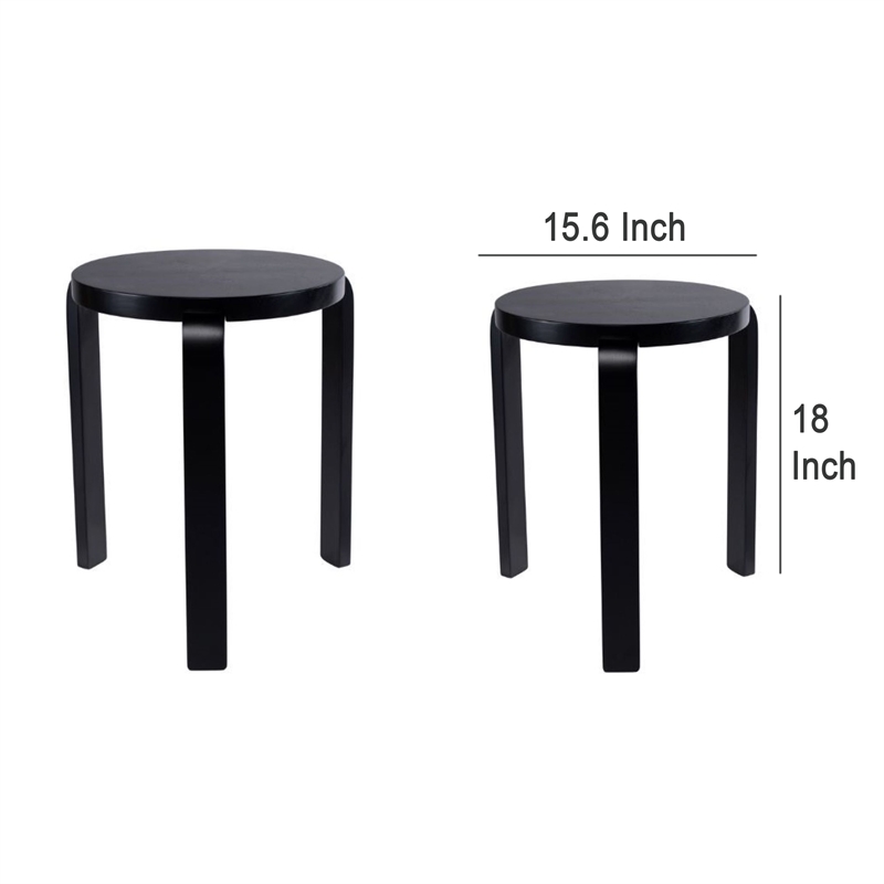 Benjara Mata Stacking Stool Ottoman (Set of 2)- Modern Style- Black Rubberwood