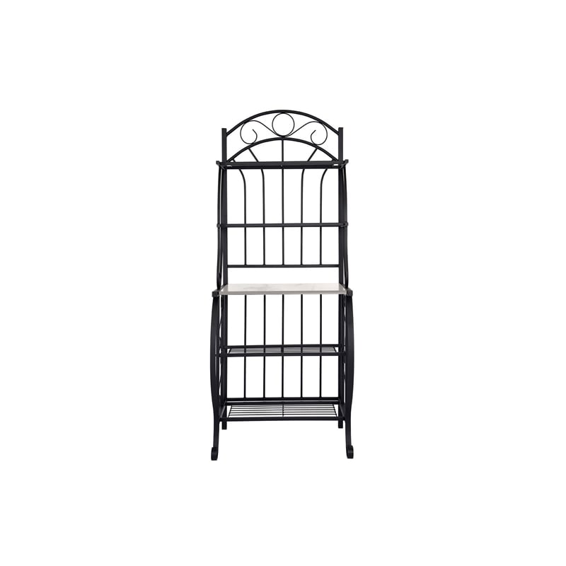 Benjara Cia 5 Tier Bakers Rack- Faux Marble Shelf- Black Metal Scrollwork