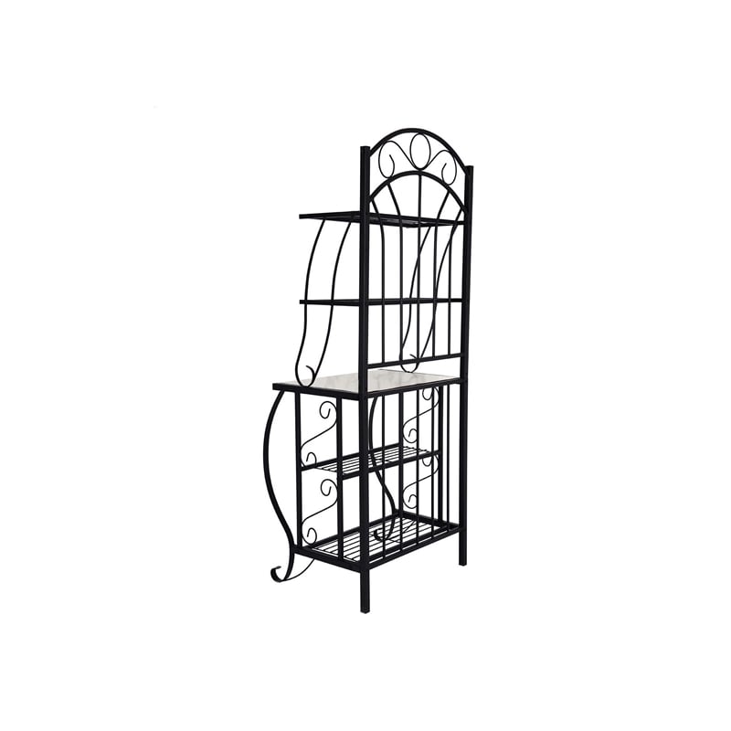 Benjara Cia 5 Tier Bakers Rack- Faux Marble Shelf- Black Metal Scrollwork
