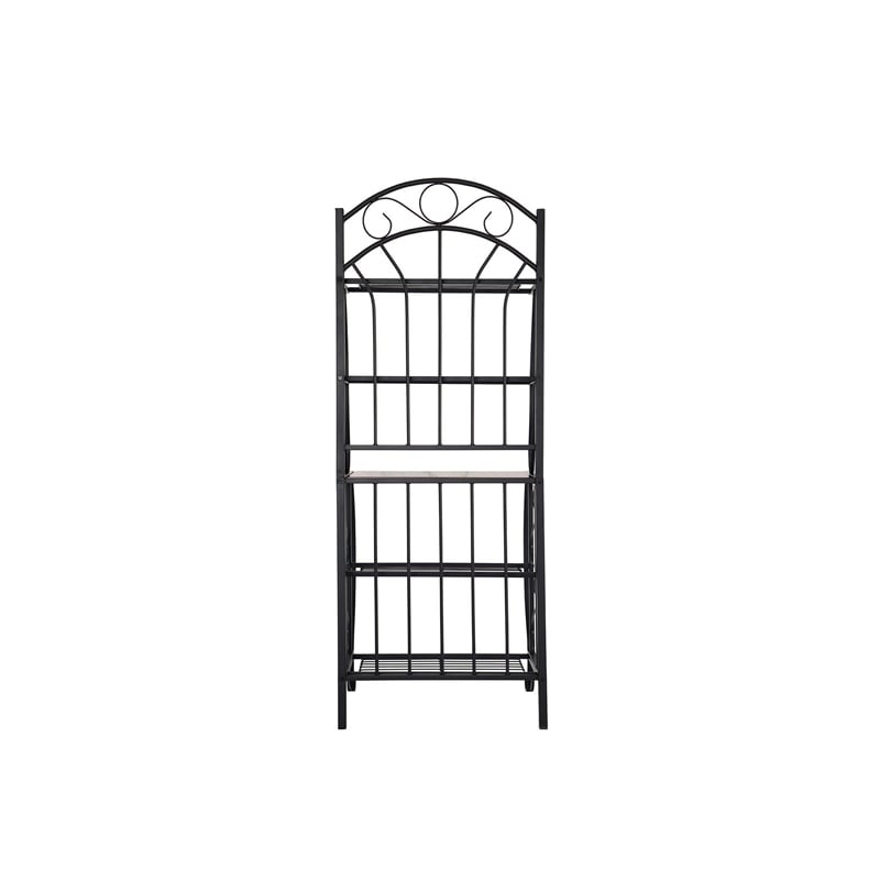 Benjara Cia 5 Tier Bakers Rack- Faux Marble Shelf- Black Metal Scrollwork