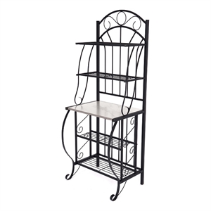 Benjara Cia 5 Tier Bakers Rack- Faux Marble Shelf- Black Metal Scrollwork