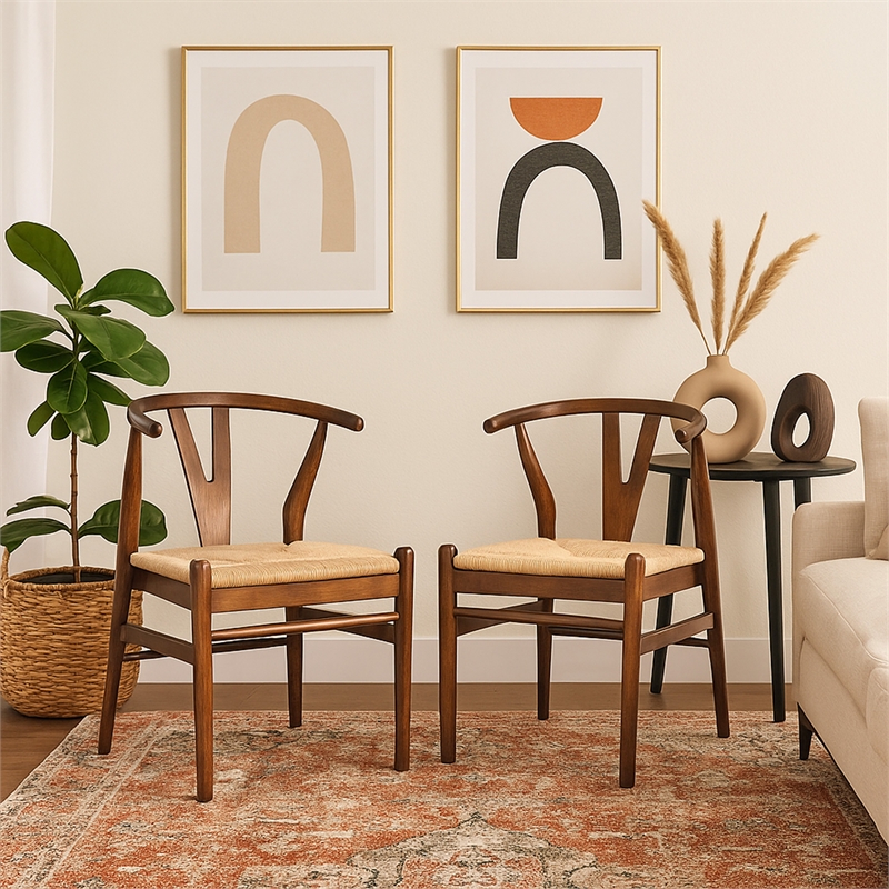 Benjara Cera Dining Chair Set of 2- Handwoven Rope- Cappuccino Brown Wood