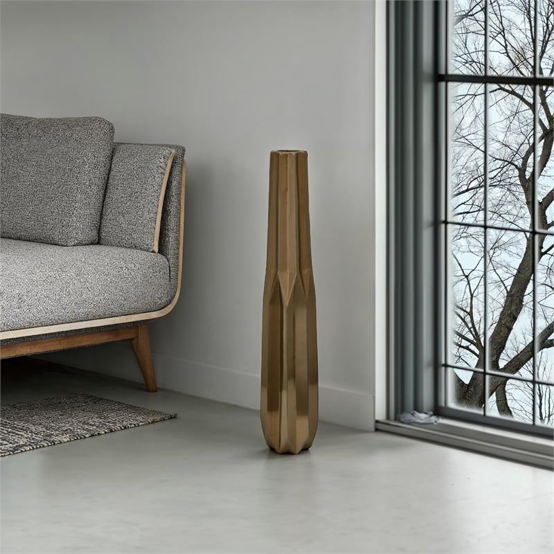 Benjara Tasha Vase with Geometric Design- Slim Profile Bronze Ceramic 32 Inch