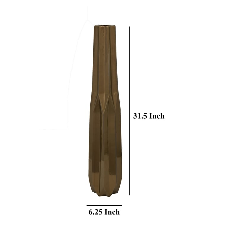Benjara Tasha Vase with Geometric Design- Slim Profile Bronze Ceramic 32 Inch