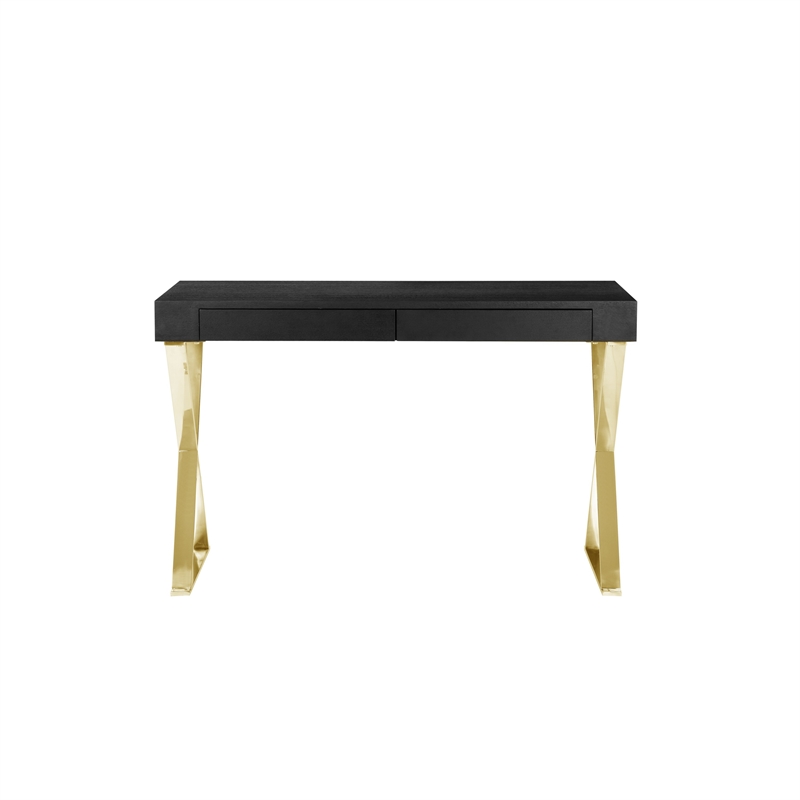 Benjara Ada Office Desk- 2 Drawers- Black Wood and Gold X Steel Legs- 47 Inch
