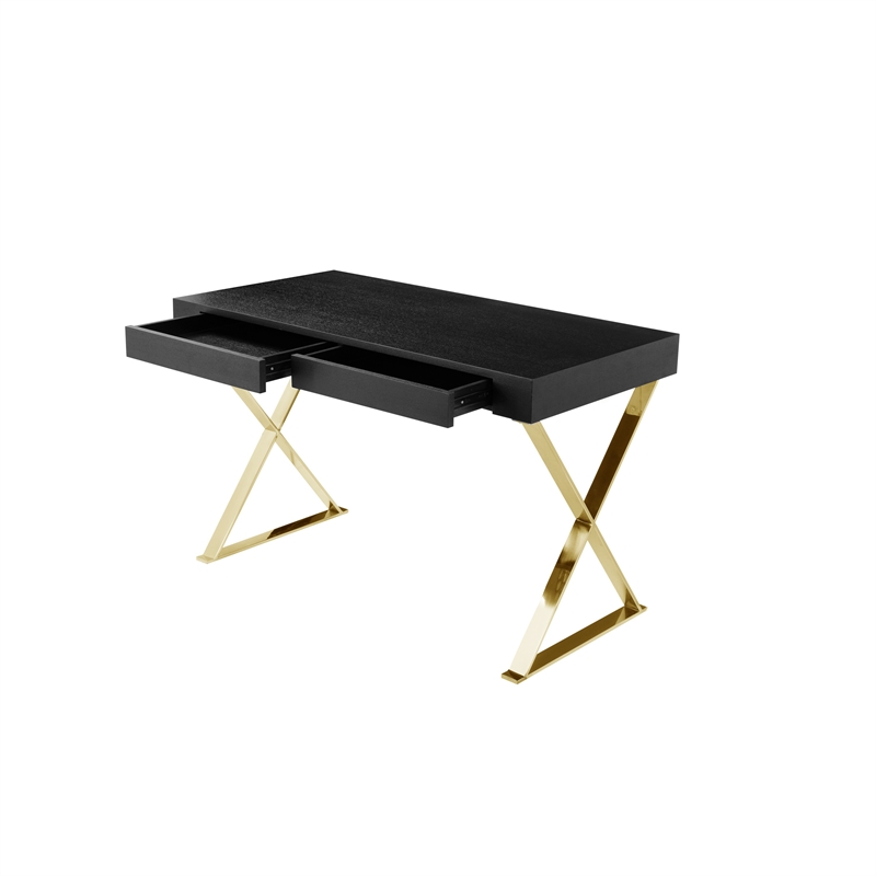 Benjara Ada Office Desk- 2 Drawers- Black Wood and Gold X Steel Legs- 47 Inch