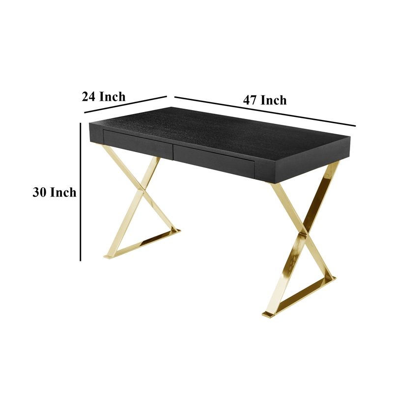 Benjara Ada Office Desk- 2 Drawers- Black Wood and Gold X Steel Legs- 47 Inch