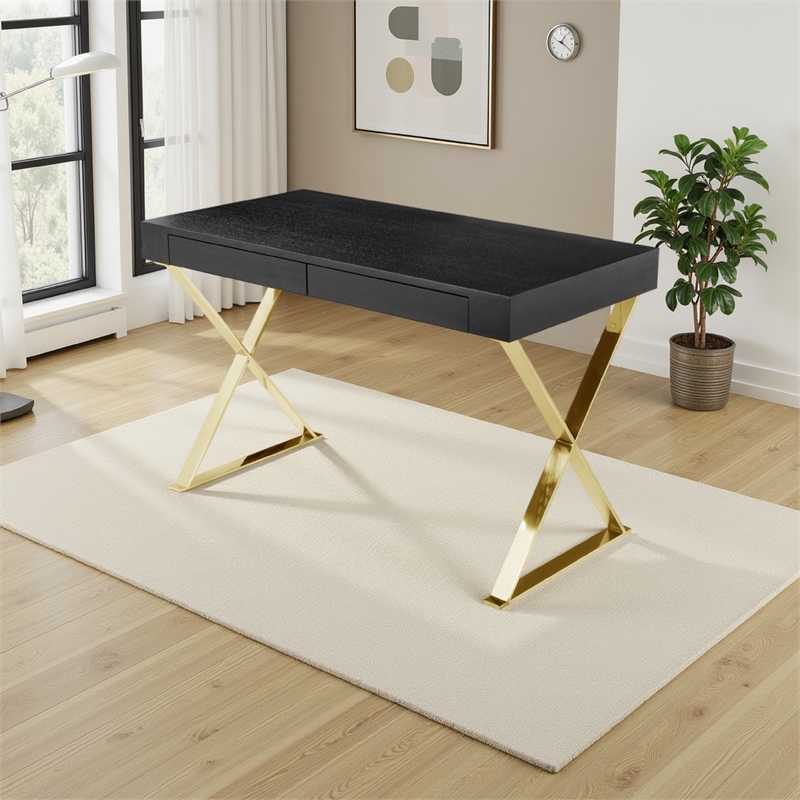 Benjara Ada Office Desk- 2 Drawers- Black Wood and Gold X Steel Legs- 47 Inch