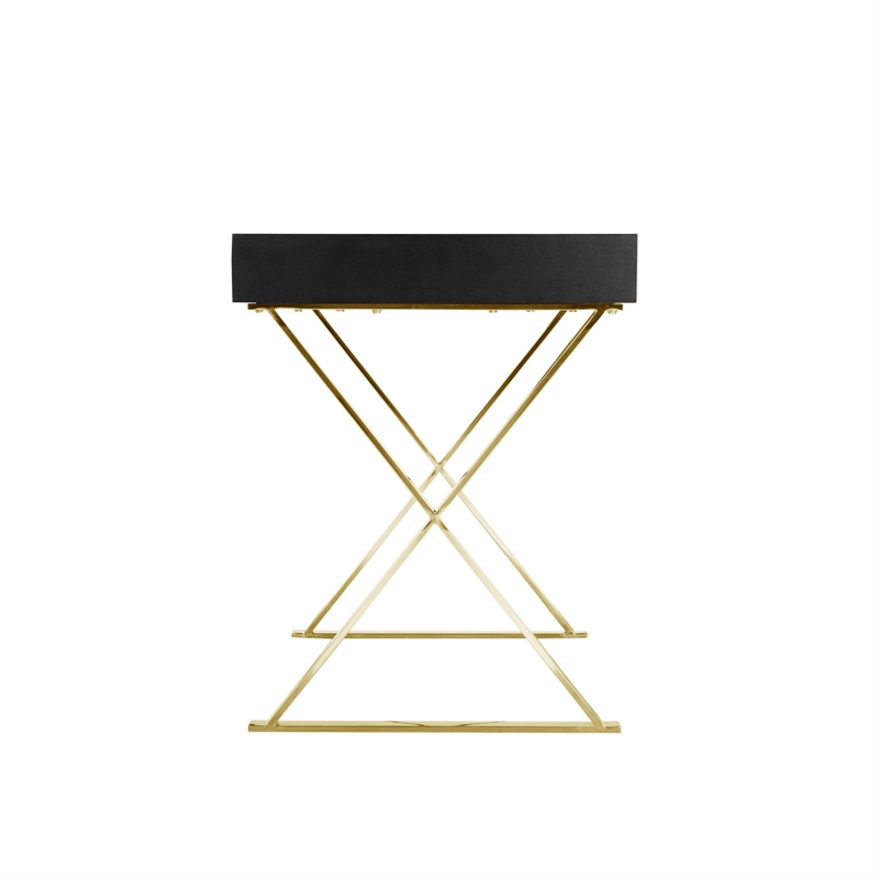 Benjara Ada Office Desk- 2 Drawers- Black Wood and Gold X Steel Legs- 47 Inch