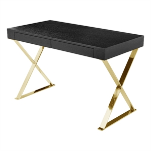 Benjara Ada Office Desk- 2 Drawers- Black Wood and Gold X Steel Legs- 47 Inch
