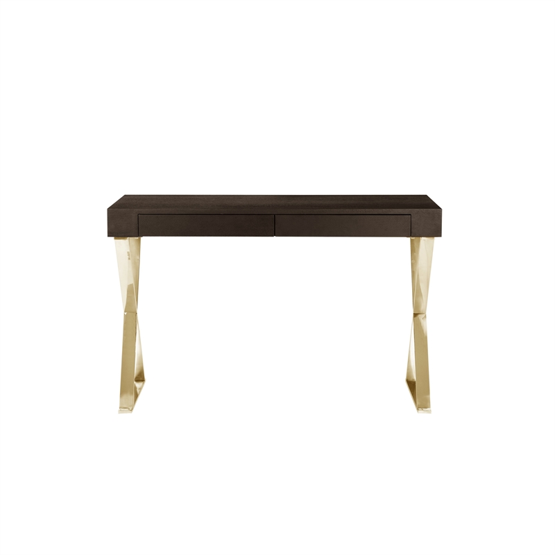 Benjara Ada Office Desk- 2 Drawers- Espresso Brown- Gold X Steel Legs- 47 Inch