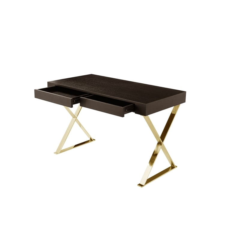 Benjara Ada Office Desk- 2 Drawers- Espresso Brown- Gold X Steel Legs- 47 Inch