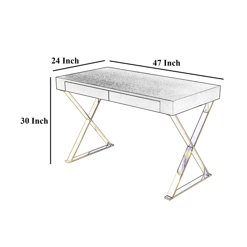 Benjara Ada Office Desk- 2 Drawers- Espresso Brown- Gold X Steel Legs- 47 Inch