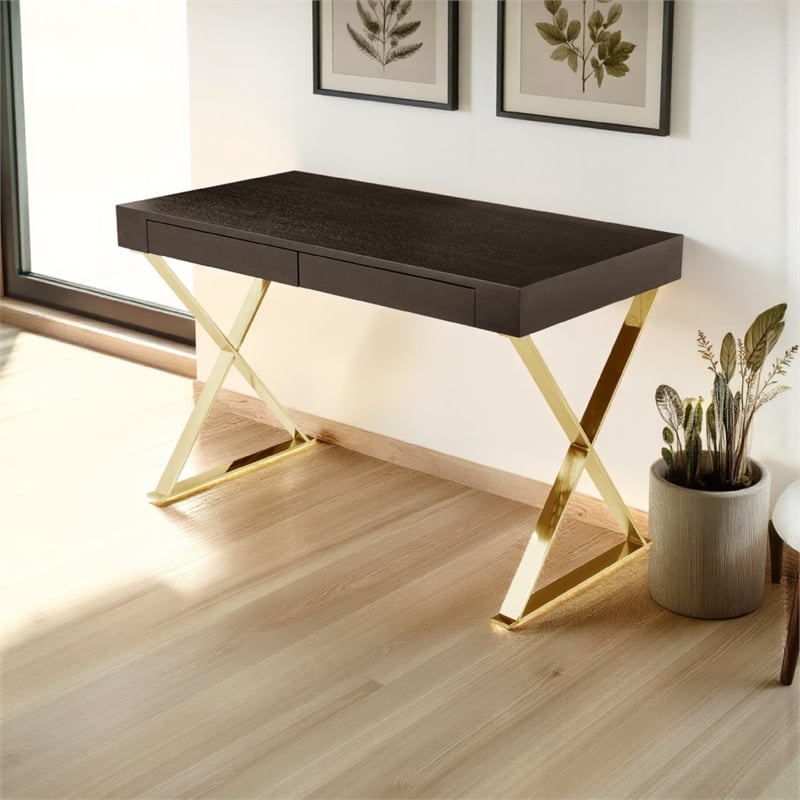 Benjara Ada Office Desk- 2 Drawers- Espresso Brown- Gold X Steel Legs- 47 Inch