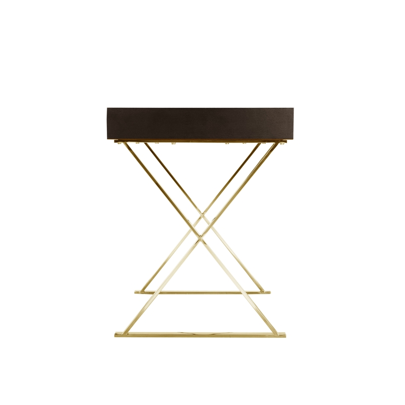 Benjara Ada Office Desk- 2 Drawers- Espresso Brown- Gold X Steel Legs- 47 Inch