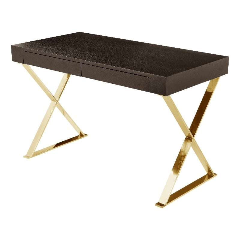 Benjara Ada Office Desk- 2 Drawers- Espresso Brown- Gold X Steel Legs- 47 Inch