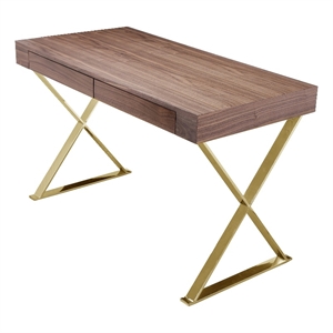 Benjara Ada Office Desk- 2 Drawers- Walnut Brown- Gold X Steel Legs- 47 Inch
