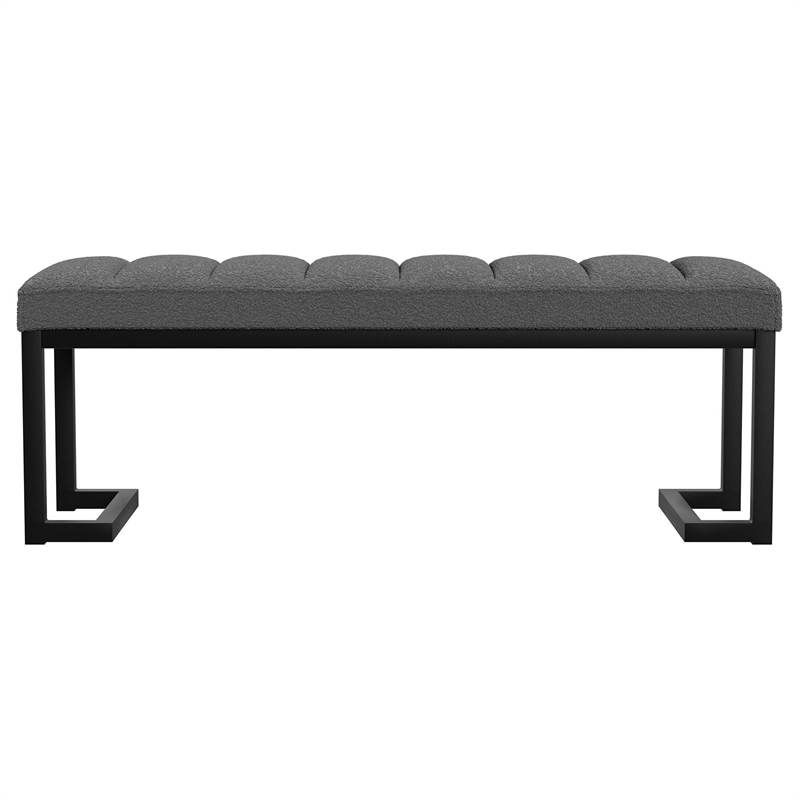 Benjara Mezza Accent Bench- Tufted Gray Boucle Fabric- Black Metal- 48 Inch