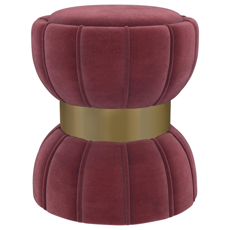 Benjara Soraya Ottoman- Tufted Red Wine Fabric- Round 17 Inch- Gold Metal Band