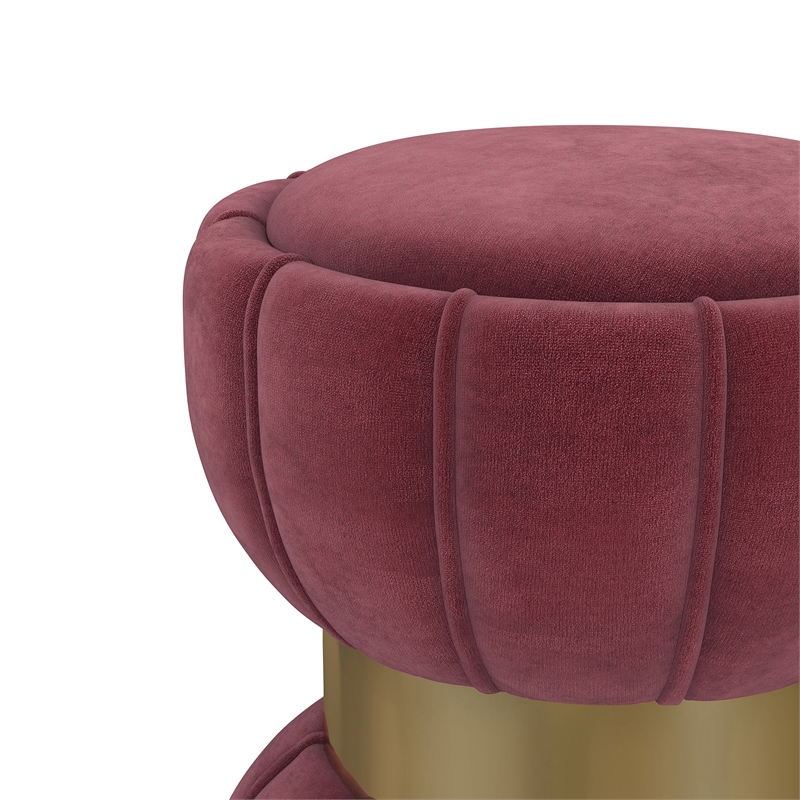 Benjara Soraya Ottoman- Tufted Red Wine Fabric- Round 17 Inch- Gold Metal Band