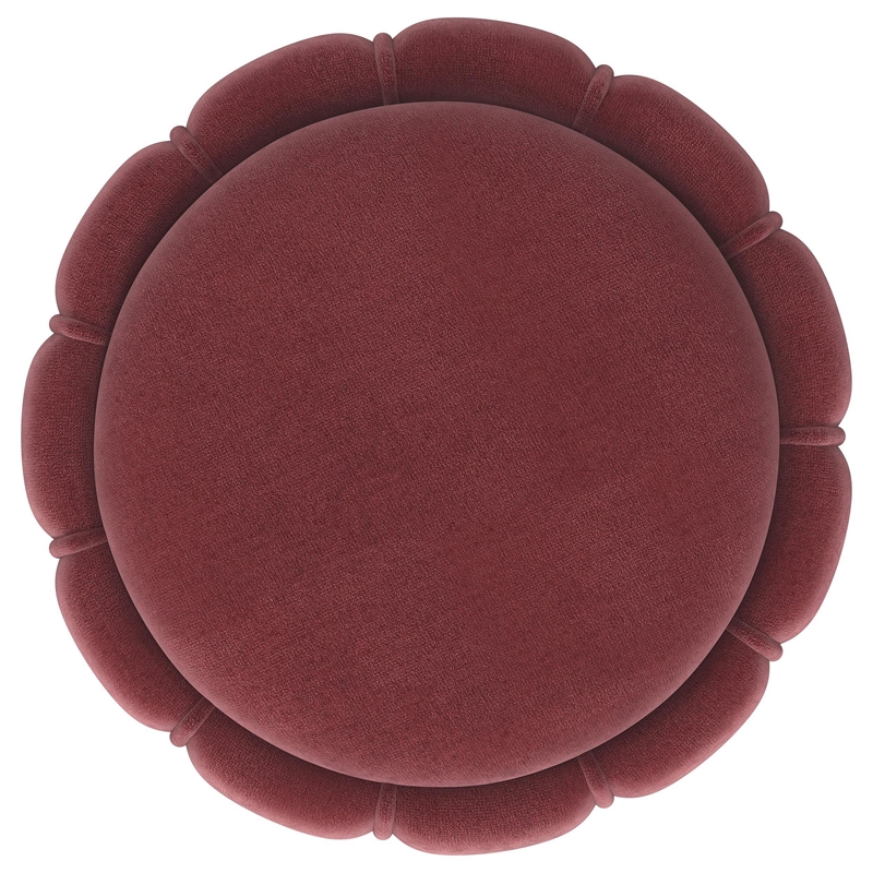 Benjara Soraya Ottoman- Tufted Red Wine Fabric- Round 17 Inch- Gold Metal Band