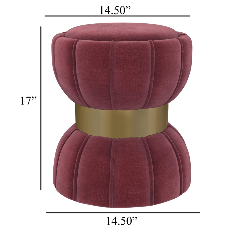 Benjara Soraya Ottoman- Tufted Red Wine Fabric- Round 17 Inch- Gold Metal Band