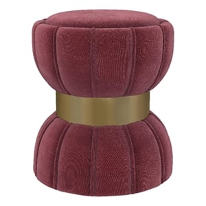 Benjara Soraya Ottoman- Tufted Red Wine Fabric- Round 17 Inch- Gold Metal Band