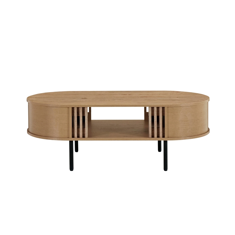 Benjara Brandon Cocktail Coffee Table with Inner Shelf- Oval Light Beige Wood