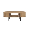 Benjara Brandon Cocktail Coffee Table with Inner Shelf- Oval Light Beige Wood