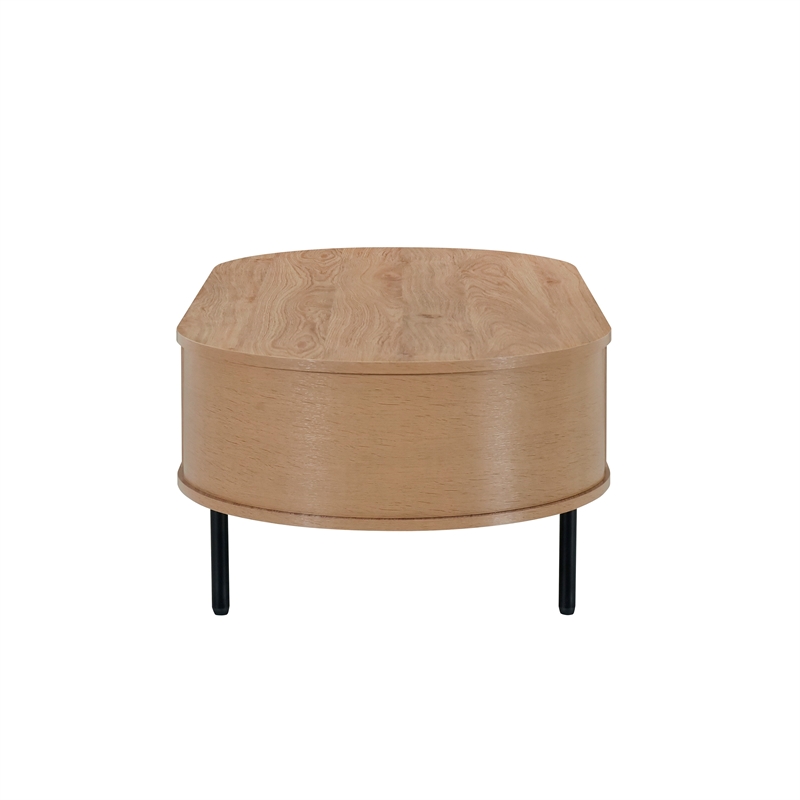 Benjara Brandon Cocktail Coffee Table with Inner Shelf- Oval Light Beige Wood