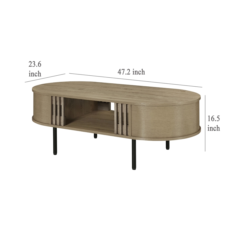 Benjara Brandon Cocktail Coffee Table with Inner Shelf- Oval Light Beige Wood