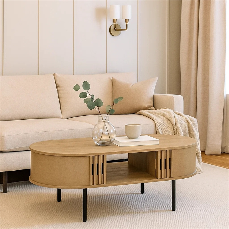 Benjara Brandon Cocktail Coffee Table with Inner Shelf- Oval Light Beige Wood