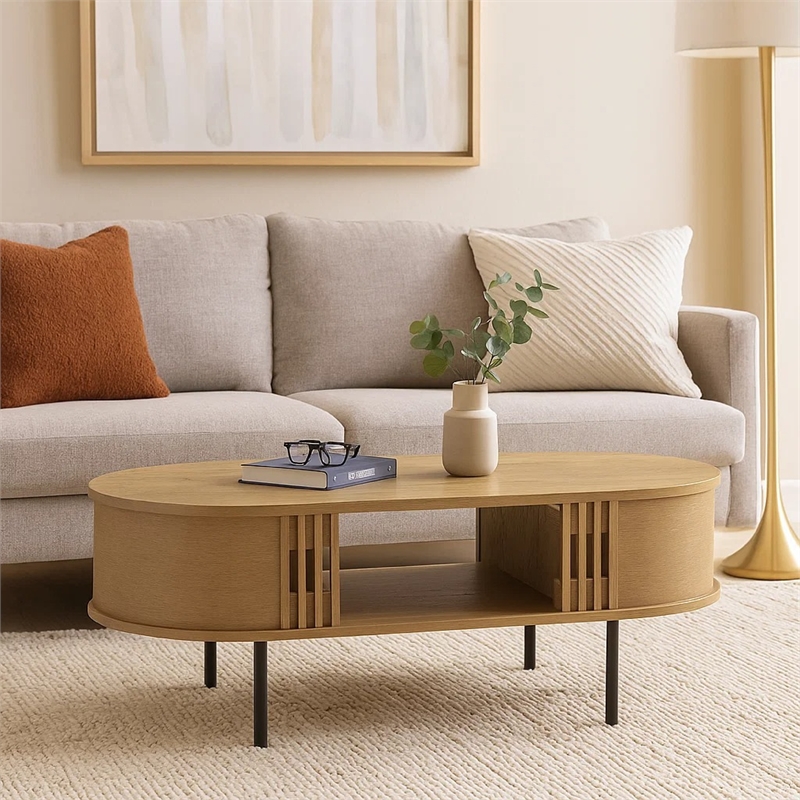 Benjara Brandon Cocktail Coffee Table with Inner Shelf- Oval Light Beige Wood