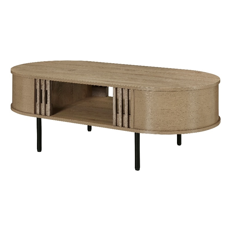 Benjara Brandon Cocktail Coffee Table with Inner Shelf- Oval Light Beige Wood